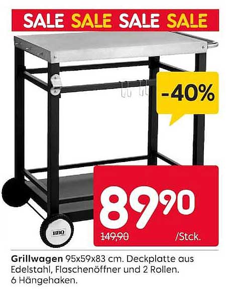 Grillwagen 95x59x83 cm. Deckplatte aus Edelstahl, Flaschenöffner und 2 Rollen. 6 Hängehaken.