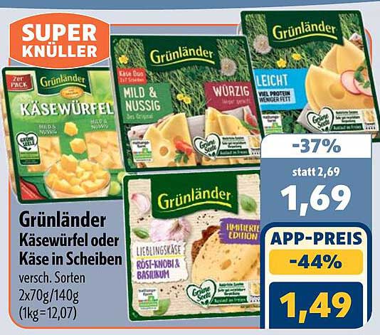 Grünländer Käsewürfel oder Käse in Scheiben versch. Sorten 2x70g/140g (1kg=12,07)