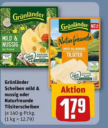 Grünländer Scheiben mild & nussig oder Naturfreunde Tilsiterscheiben je 140-g-Packg. (1 kg = 12.79)