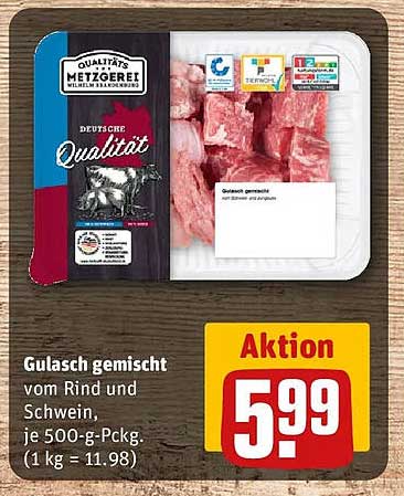 Gulasch gemischt vom Rind und Schwein, je 500-g-Packg. (1 kg = 11.98)