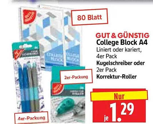 GUT & GÜNSTIG College Block A4 Lininiert oder kariert, 4er Pack Kugelschreiber oder 2er Pack Korrektur-Roller