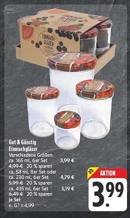 Gut & Günstig Einmachgläser Verschiedene Größen.