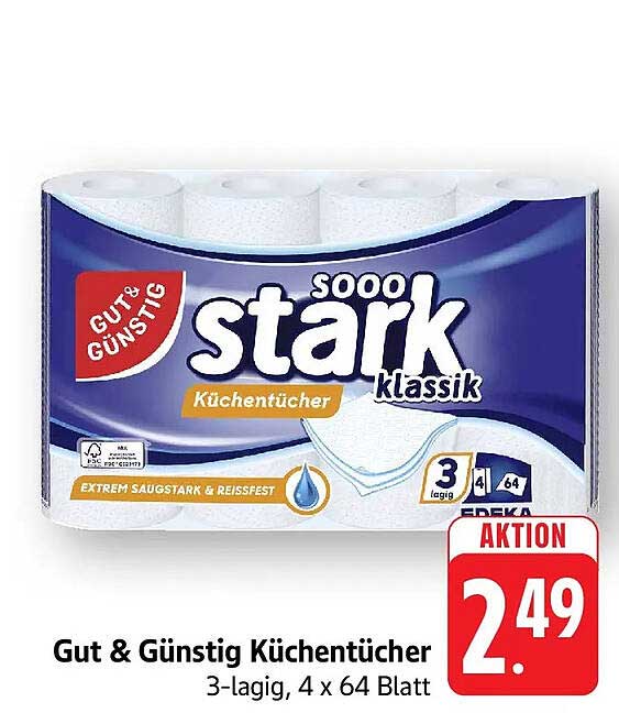 Gut & Günstig Küchentücher 3-lagig, 4 x 64 Blatt