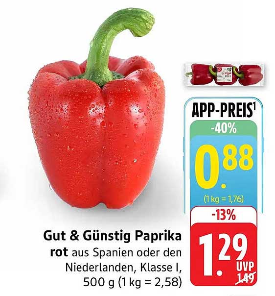 Gut & Günstig Paprika rot aus Spanien oder den Niederlanden, Klasse I, 500 g (1 kg = 2,58)