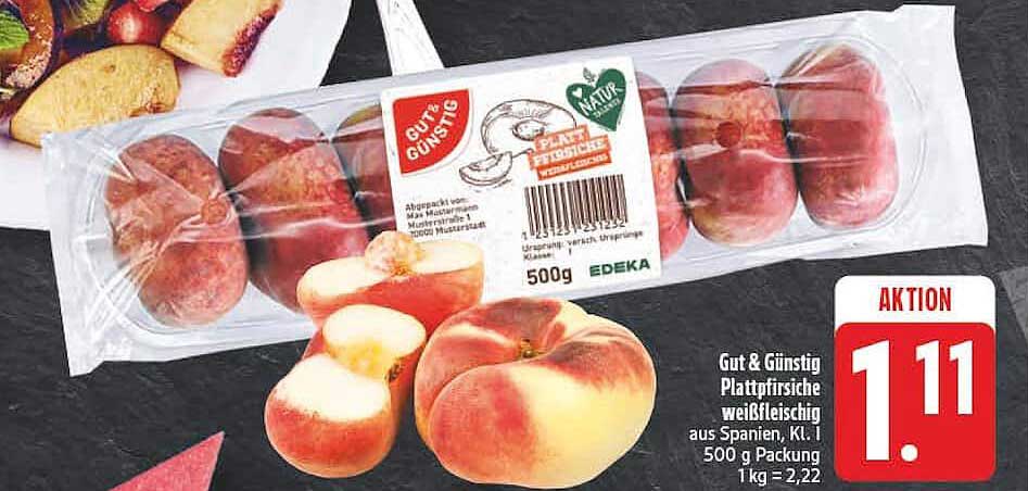 Gut & Günstig Plattpfirsiche weißfleischig aus Spanien, Kl. I, 500 g Packung