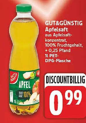 GUT&GÜNSTIG Apfelsaft aus Apfelsaftkonzentrat, 100% Fruchtgehalt, + 0,25 Pfand, 1 l PET-DPG-Flasche