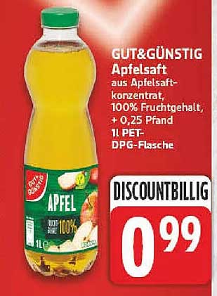 GUT&GÜNSTIG Apfelsaft aus Apfelsaftkonzentrat, 100% Fruchtgehalt, + 0,25 Pfand 1L PET-DPG-Flasche