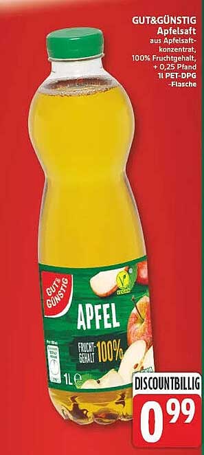 GUT&GÜNSTIG Apfelsaft aus Apfelsaftkonzentrat, 100% Fruchtgehalt, + 0,25 Pfand 1L PET-DPG Flasche