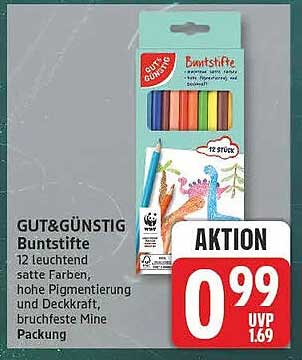 GUT&GÜNSTIG Buntstifte 12 leuchtend satte Farben, hohe Pigmentierung und Deckkraft, bruchfeste Mine Packung