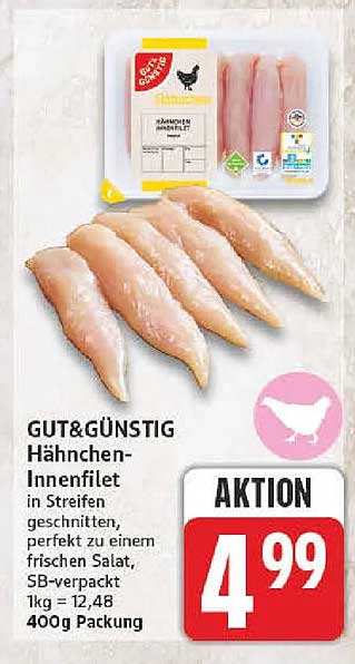 GUT&GÜNSTIG Hähnchen-Innenfilet in Streifen geschnitten, perfekt zu einem frischen Salat, SB-verpackt 1kg = 12,48 400g Packung