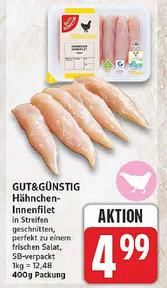 GUT&GÜNSTIG Hähnchen-Innenfilet in Streifen geschnitten, perfekt zu einem frischen Salat, SB-verpackt 1kg = 12,48 400g Packung