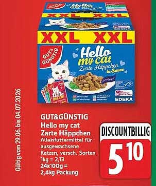 GUT&GÜNSTIG Hello my cat Zarte Häppchen Tierfutter mit ausgewählten Katzen, versch. Sorten 1kg = 2,13 24x100 g = 2,4kg Packung