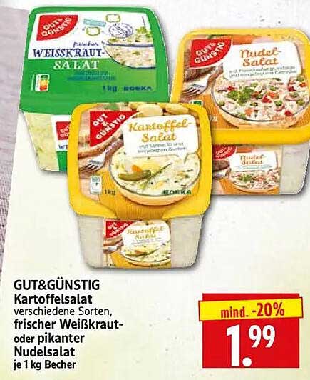 GUT&GÜNSTIG Kartoffelsalat verschiedene Sorten, frischer Weißkraut- oder Nudelsalat je 1 kg Becher