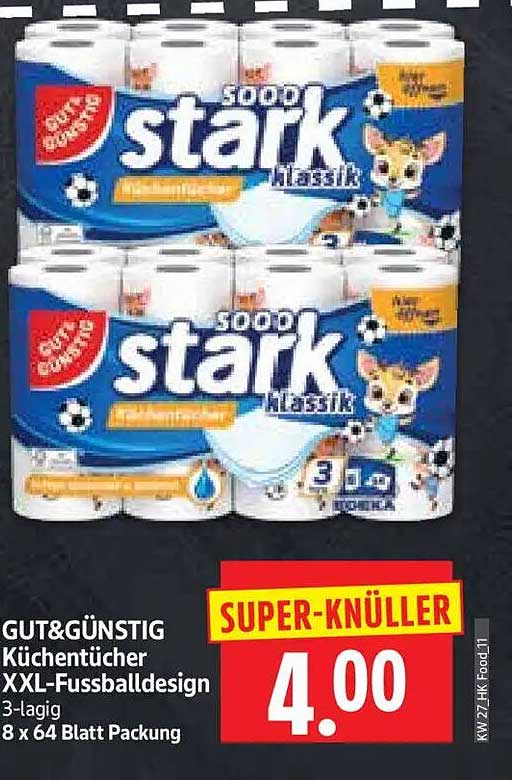 GUT&GÜNSTIG Küchentücher XXL-Fussballdesign 3-lagig 8 x 64 Blatt Packung