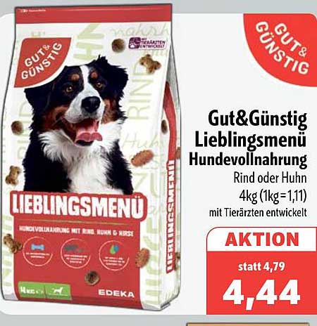 Gut&Günstig Lieblingsmenü Hundevollnahrung Rind oder Huhn 4kg (1kg=1,11) mit Tierärzten entwickelt