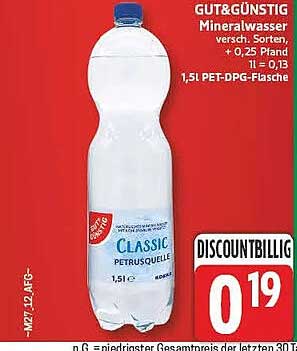 GUT&GÜNSTIG Mineralwasser versch. Sorten, + 0,25 Pfand 1 l = 0,13 1,5 l PET-DPG-Flasche