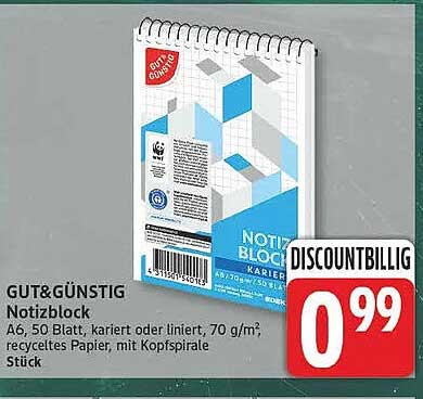 GUT&GÜNSTIG Notizblock A6, 50 Blatt, kariert oder liniert, 70 g/m², recyceltes Papier, mit Kopfspirale Stück