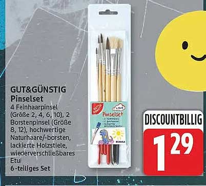 GUT&GÜNSTIG Pinselset 4 Feinpinsel (Größe 2, 4, 6, 10), 2 Naturhaare-/borsten, lackierte Holzstiele, wiederverschließbares Etui 6-teiliges Set