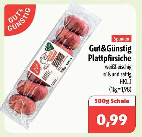 Gut&Günstig Plattpfirsiche weißfleischig süß und saftig HKL.1 (1kg=1,98) 500g Schale