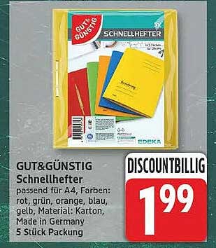 GUT&GÜNSTIG Schnellhefter passend für A4, Farben: rot, grün, orange, blau, gelb, Material: Karton, Made in Germany 5 Stück Packung