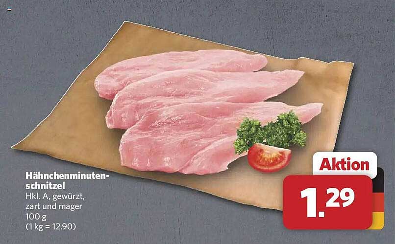 Hähnchenminuten-Schnitzel Hkl. A, gewürzt, zart und mager 100 g (1 kg = 12.90)