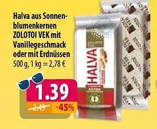Halva aus Sonnenblumenkernen ZOLOTOI VEK mit Vanillegeschmack oder mit Erdnüssen 500 g, 1 kg = 2,78 €