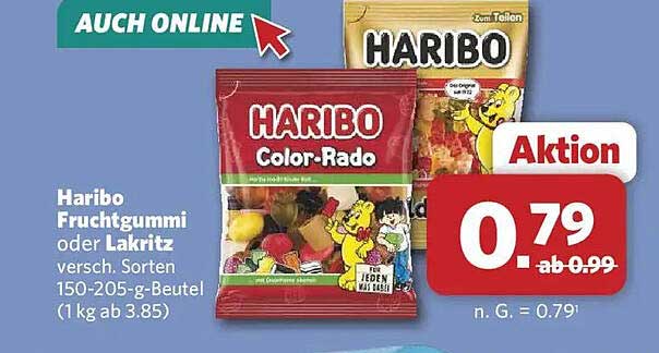 Haribo Fruchtgummi oder Lakritz versch. Sorten 150-205-g-Beutel (1 kg ab 3.85)
