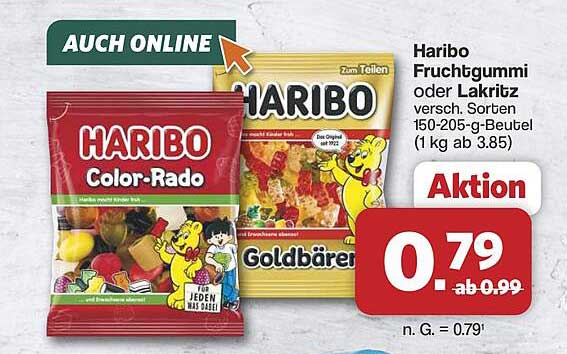 Haribo Fruchtgummi oder Lakritz versch. Sorten 150-205-g-Beutel (1 kg ab 3.85)
