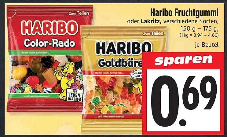 Haribo Fruchtgummi oder Lakritz, verschiedene Sorten, 150 g - 175 g, (1 kg = 3.94 - 4.60) je Beutel