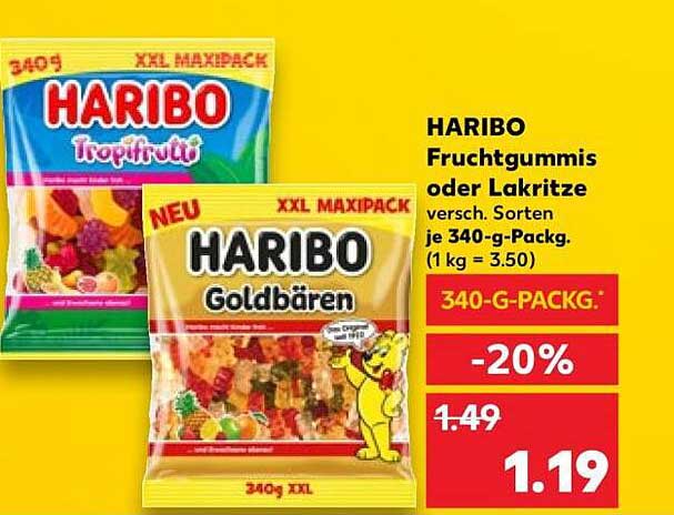 HARIBO Fruchtgummis oder Lakritze versch. Sorten je 340-g-Packg. (1 kg = 3.50)