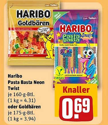 Haribo Pasta Basta Neon Twist je 160-g-Btl. (1 kg = 4.31) oder Goldbären je 175-g-Btl. (1 kg = 3.94)