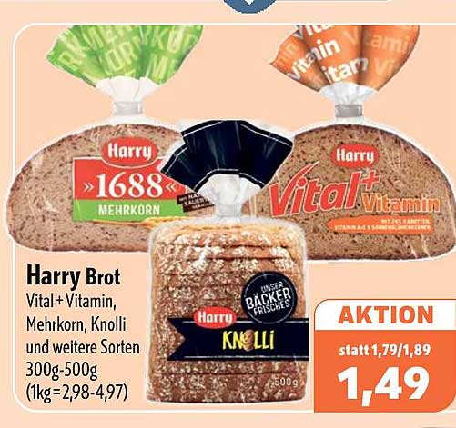 Harry Brot Vital + Vitamin, Mehrkorn, Knolli und weitere Sorten 300g-500g (1kg=2,98-4,97)