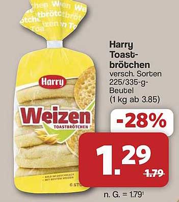 Harry Toastbrötchen versch. Sorten 225/335-g-Beutel (1 kg ab 3.85)