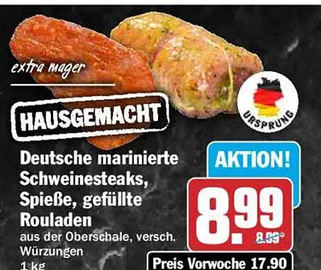 HAUSGEMACHT Deutsche marinierte Schweinesteaks, Spieße, gefüllte Rouladen