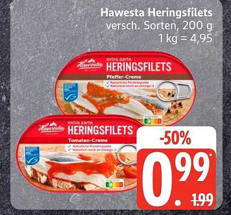 Hawesta Heringsfilets versch. Sorten, 200 g 1 kg = 4,95