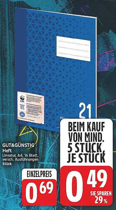 Heft Lineatur, A4, 16 Blatt, versch. Ausführungen Stück
