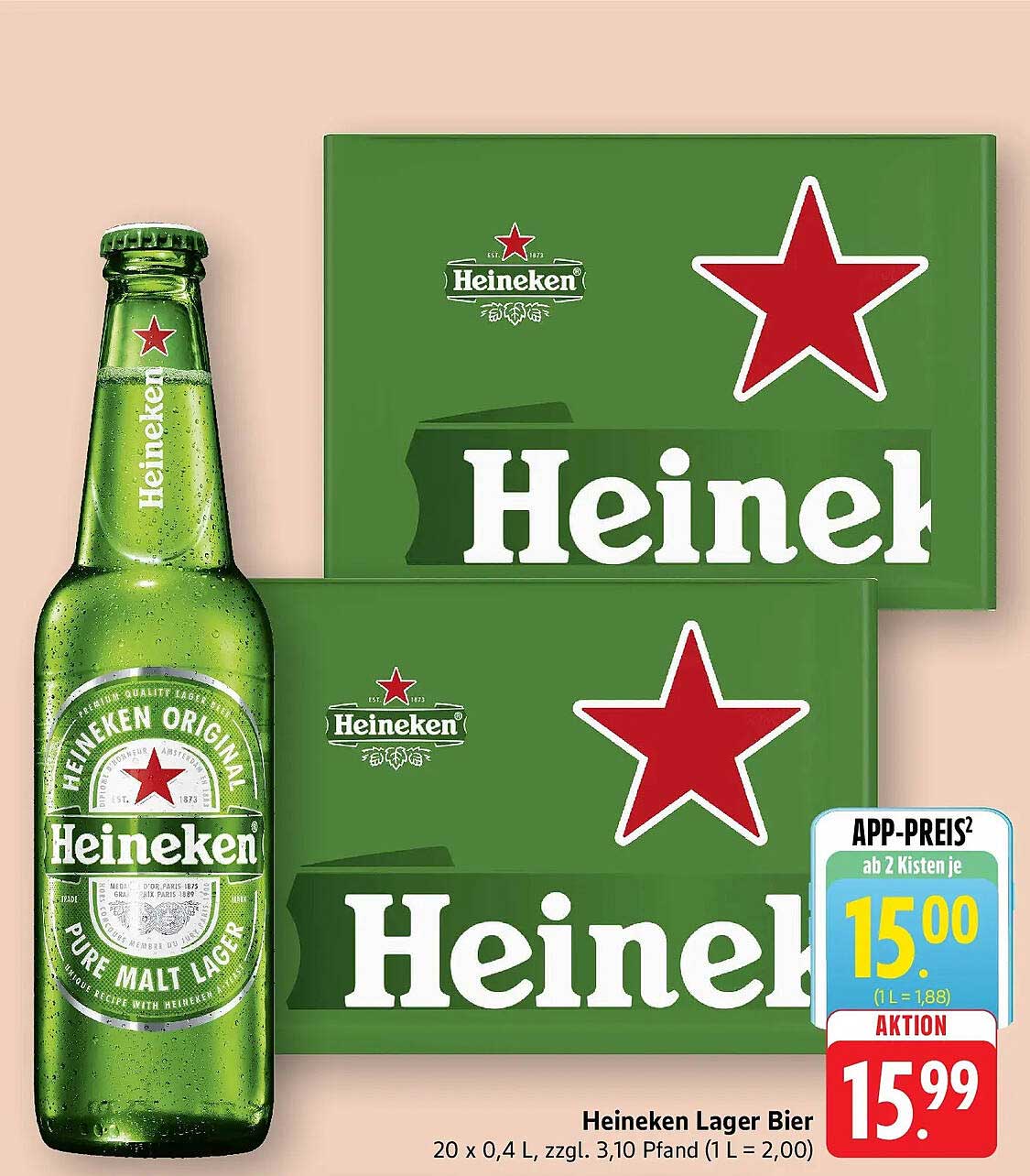 Heineken Lager Bier 20 x 0,4 L, zzgl. 3,10 Pfand (1 L = 2,00)