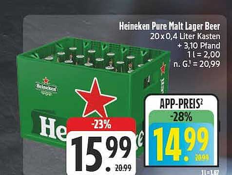 Heineken Pure Malt Lager Beer 20 x 0,4 Liter Kasten + 3,10 Pfand