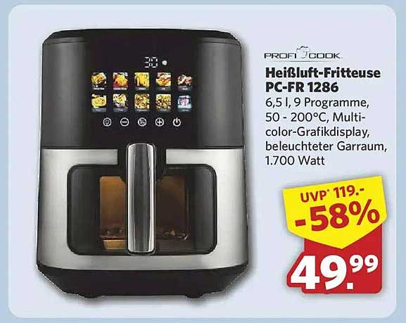 Heißluft-Fritteuse PC-FR 1286 6,5 l, 9 Programme, 50 - 200°C, Multi-color-Grafikdisplay, beleuchteter Garraum, 1.700 Watt