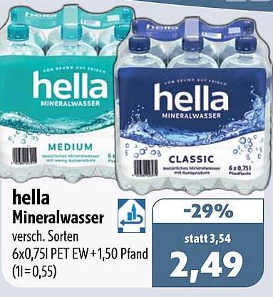 hella Mineralwasser versch. Sorten 6x0,75l PET EW +1,50 Pfand (1l=0,55)