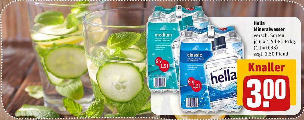 Hella Mineralwasser versch. Sorten, je 6 x 1,5-l-FL.-Pck. (1 l = 0.33) zzgl. 1.50 Pfand