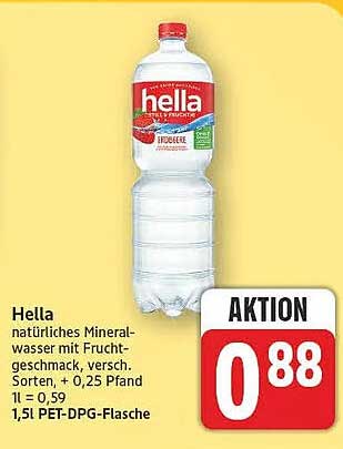 Hella natürliches Mineralwasser mit Fruchtgeschmack, sorten, + 0,25 Pfand 1l = 0,59 1,5l PET-DPG-Flasche