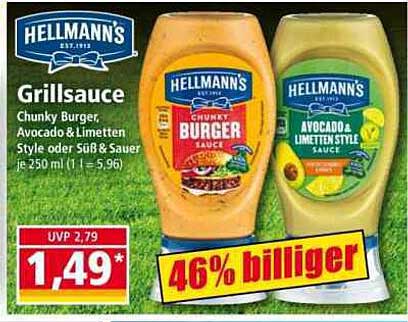 HELLMANN'S Grillsauce Chunky Burger, Avocado & Limetten Style oder Süß & Sauer je 250 ml