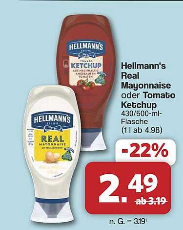 Hellmann's Real Mayonnaise oder Tomato Ketchup 430/500-ml-Flasche (1 l ab 4.98)
