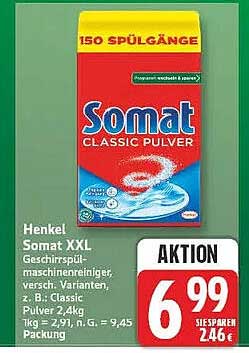 Henkel Somat XXL Geschirrspülmaschinenreiniger, versch. Varianten, z. B.: Classic Pulver 2,4kg 1kg = 2,49/N. G. = 9,45 Packung