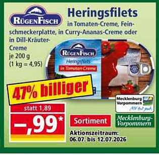 Heringsfilets in Tomaten-Creme, Fein-in Curry-Ananas-Creme oder in Dill-Kräuter-Creme je 200 g (1 kg = 4,95)