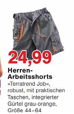 Herren-Arbeitsshorts »Terratrend Job«, robust, mit praktischen Taschen, integrierter Gürtel grau-orange, Größe 44–64