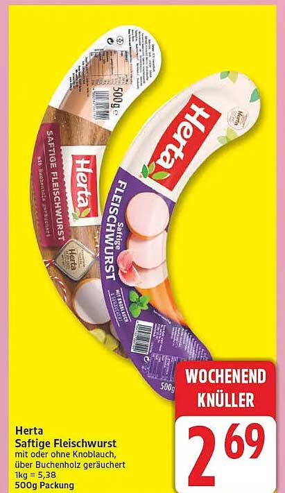 Herta Saftige Fleischwurst mit oder ohne Knoblauch, über Buchenholz geräuchert 500g Packung