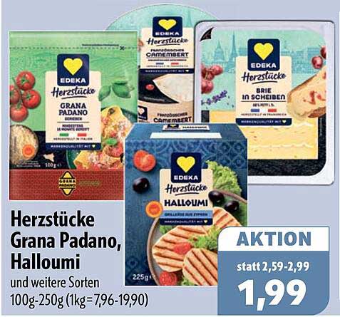 Herzstücke Grana Padano, Halloumi und weitere Sorten 100g-250g (1kg=7,96-19,90)