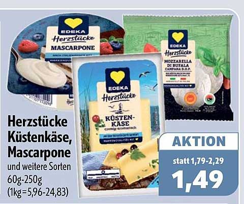 Herzstücke Küstenkäse, Mascarpone und weitere Sorten 60g-250g (1kg=5,96-24,83)